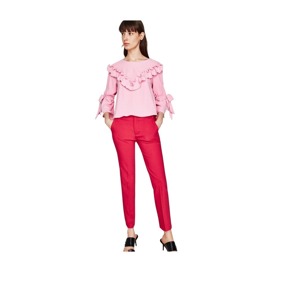 Zara basic pink ruffle blouse with tie sleeves size small